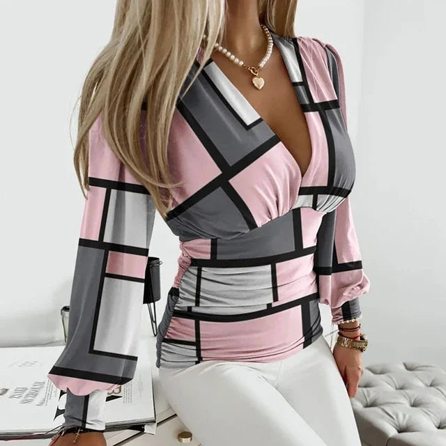 Sexy V-Ausschnitt Spitzen-Bluse mit Langarm